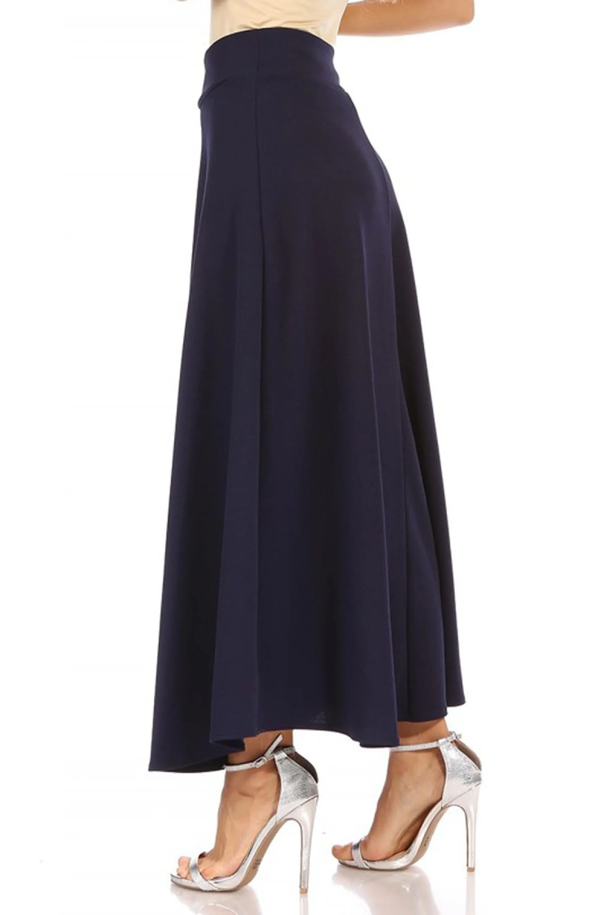 Women's Casual Solid Flare A-line Long Skirt with Elastic Waistband