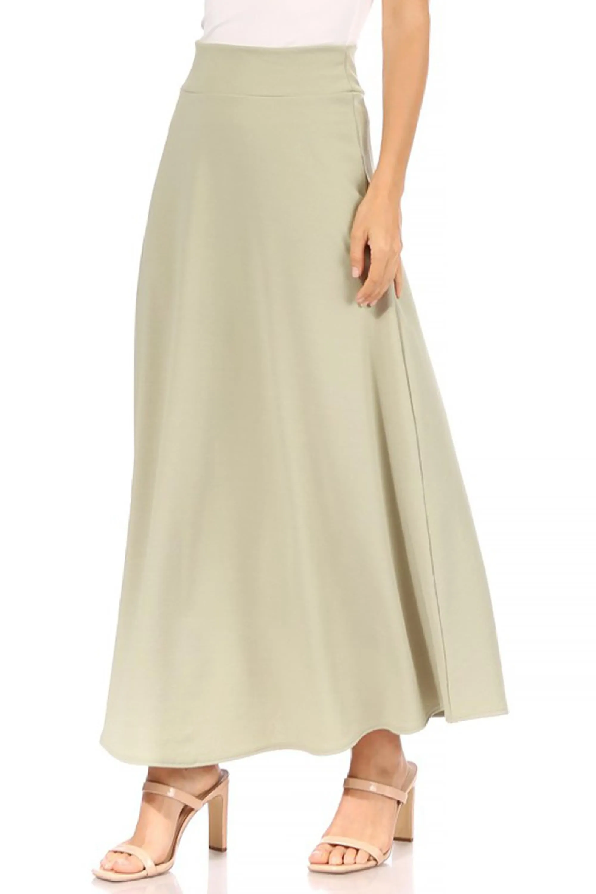 Women's Casual Solid Flare A-line Long Skirt with Elastic Waistband