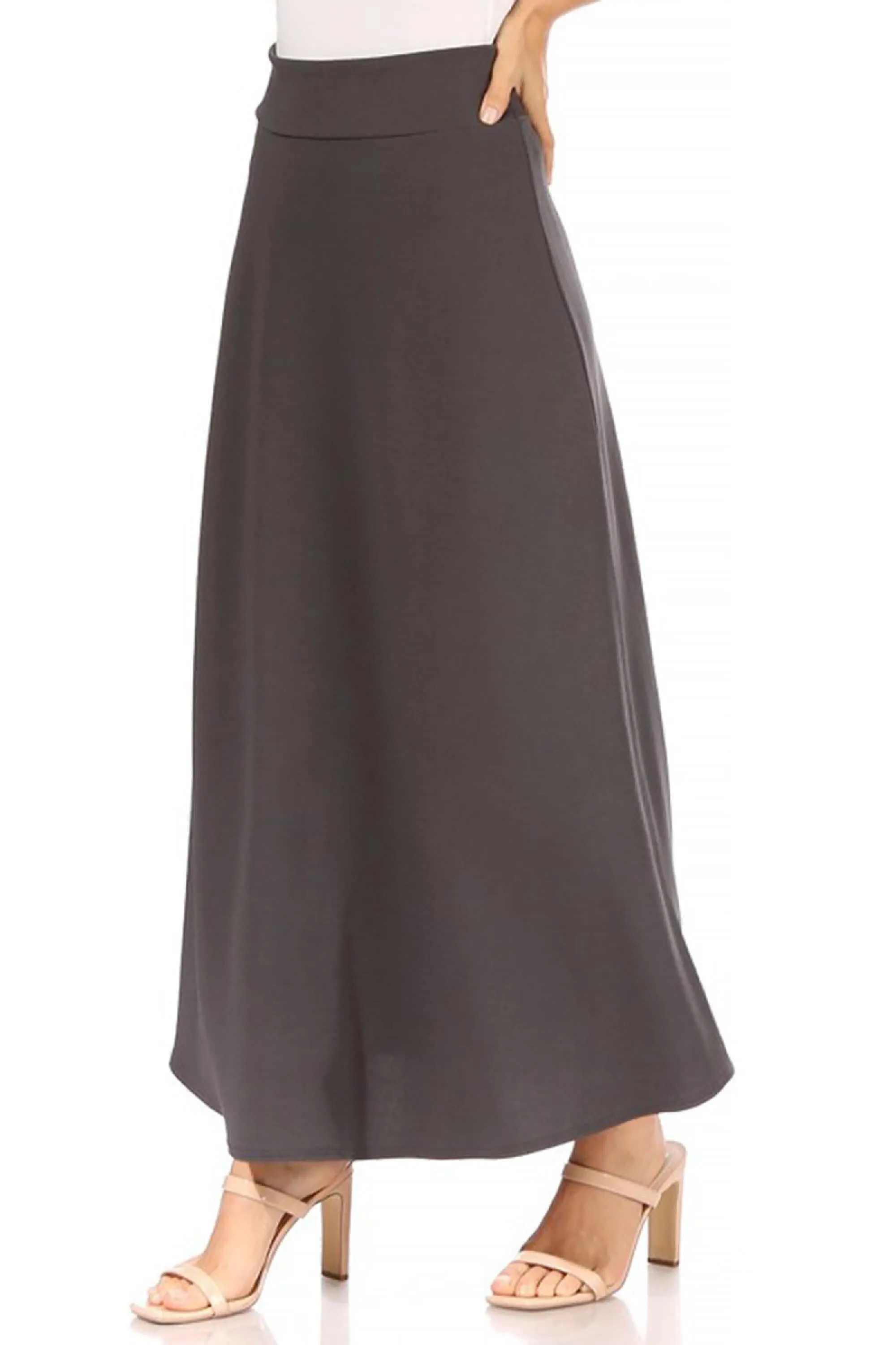 Women's Casual Solid Flare A-line Long Skirt with Elastic Waistband