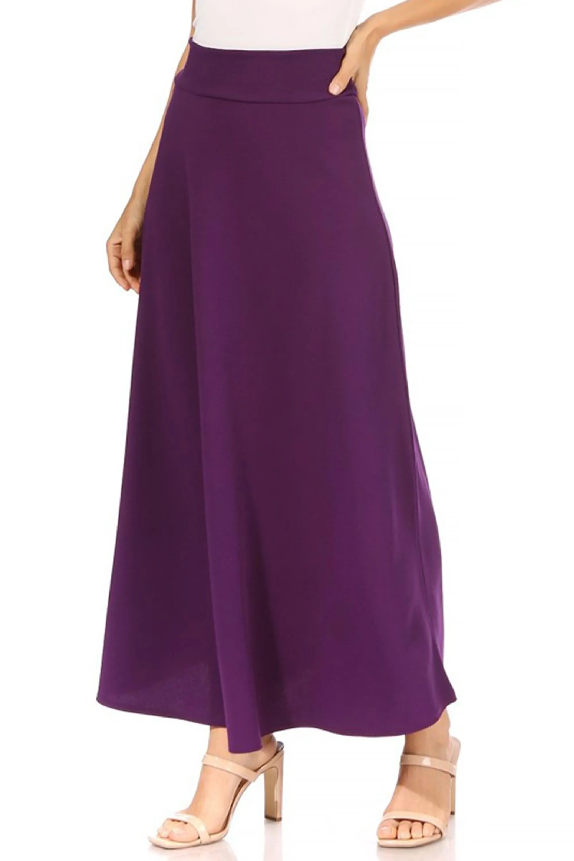 Women's Casual Solid Flare A-line Long Skirt with Elastic Waistband