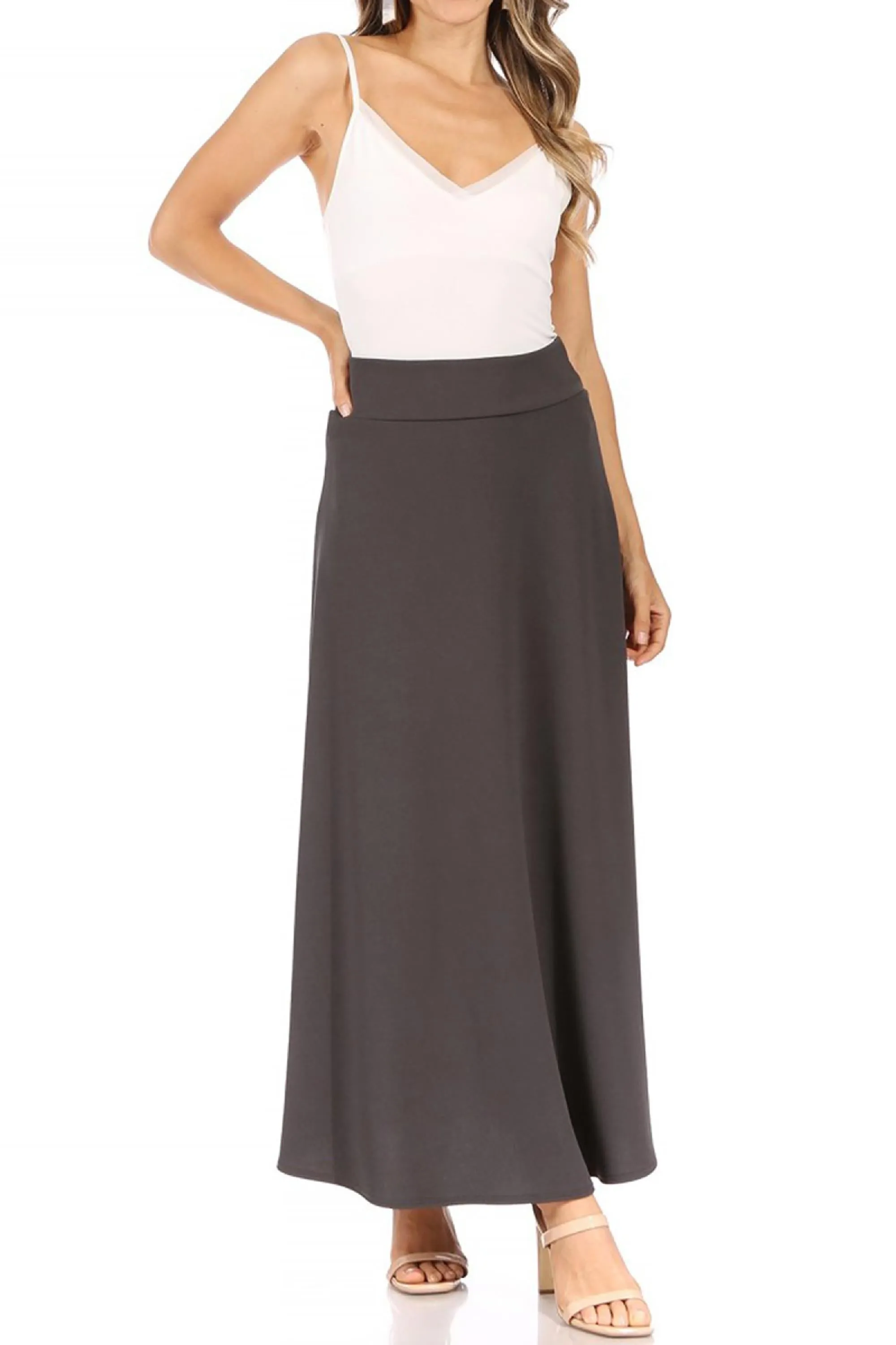 Women's Casual Solid Flare A-line Long Skirt with Elastic Waistband