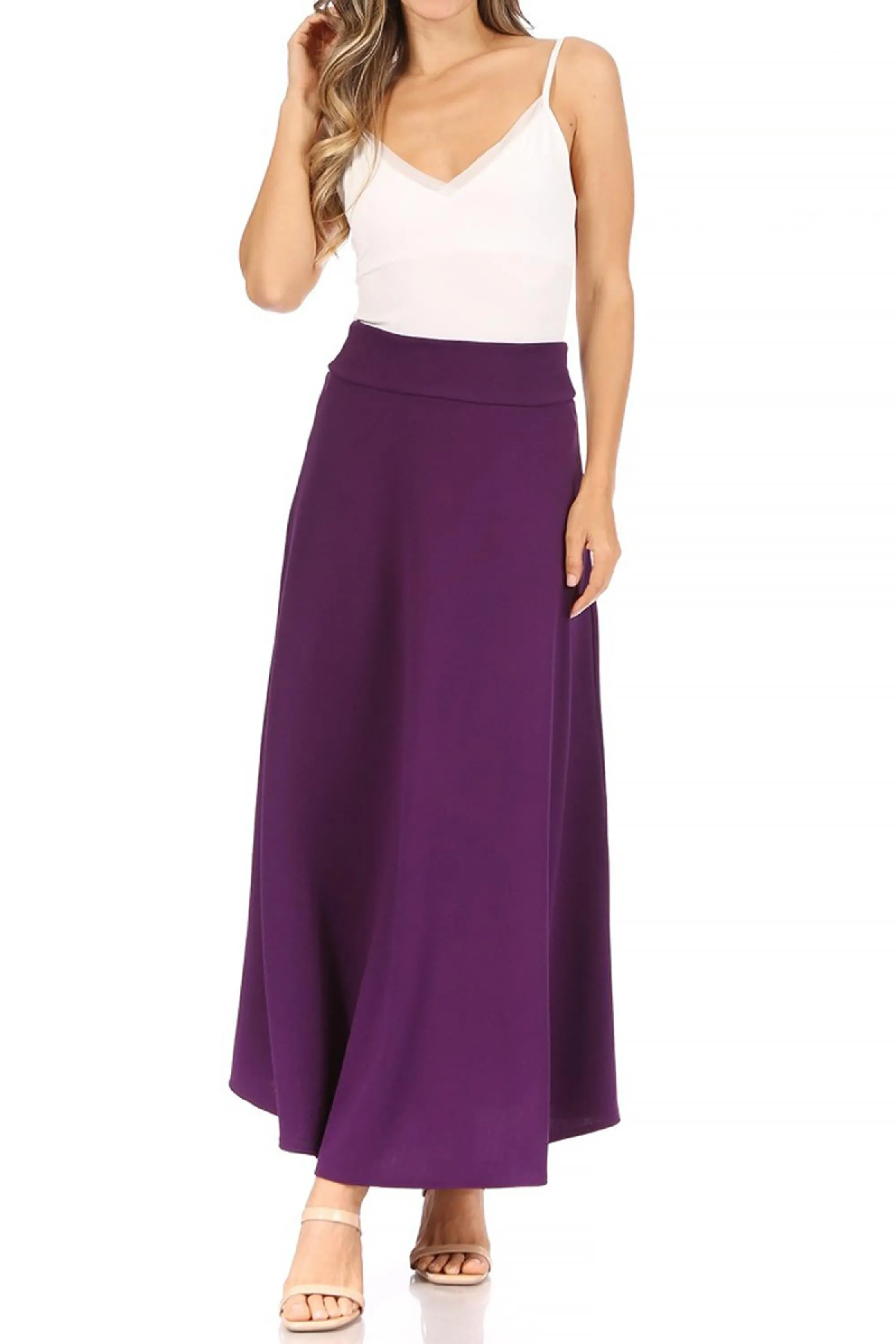 Women's Casual Solid Flare A-line Long Skirt with Elastic Waistband
