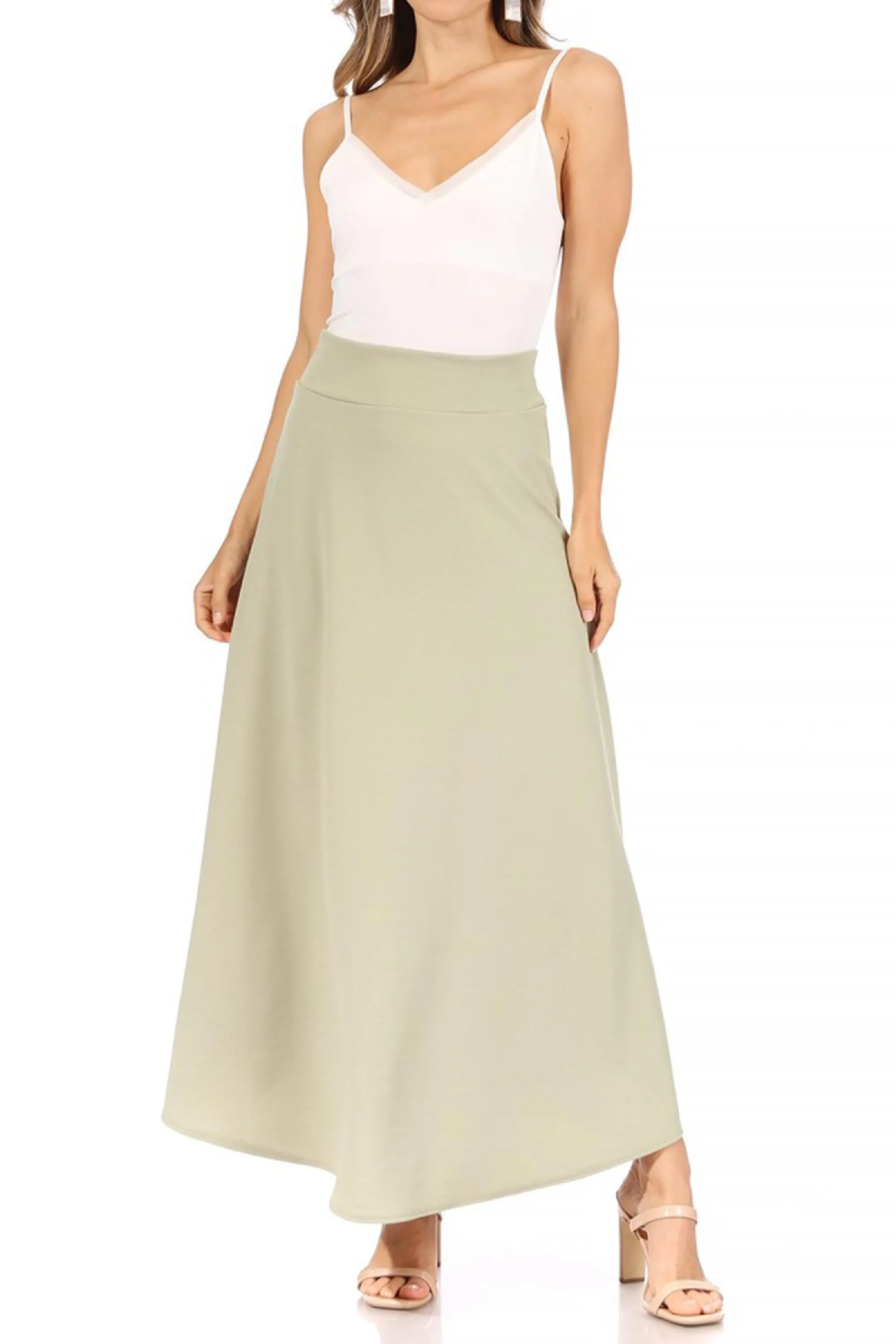 Women's Casual Solid Flare A-line Long Skirt with Elastic Waistband