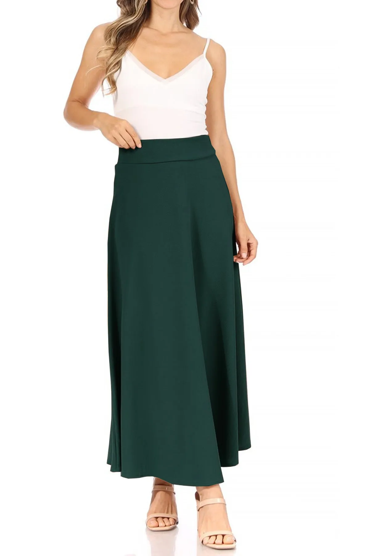 Women's Casual Solid Flare A-line Long Skirt with Elastic Waistband