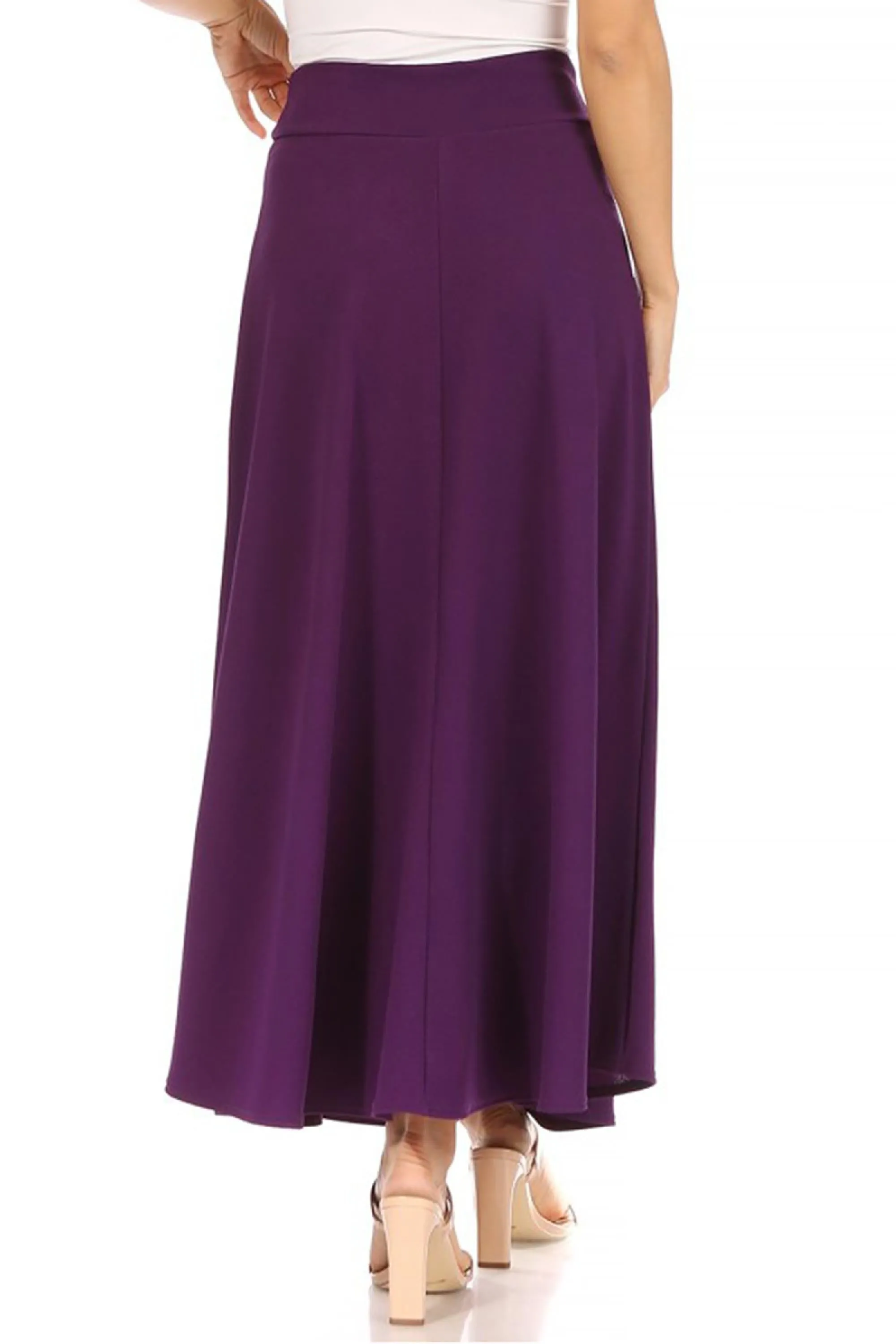 Women's Casual Solid Flare A-line Long Skirt with Elastic Waistband