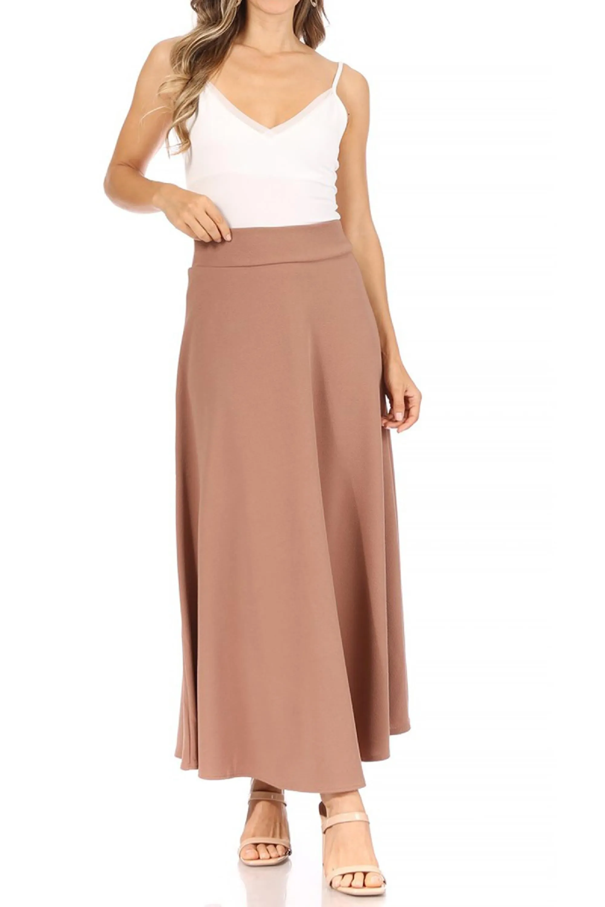 Women's Casual Solid Flare A-line Long Skirt with Elastic Waistband