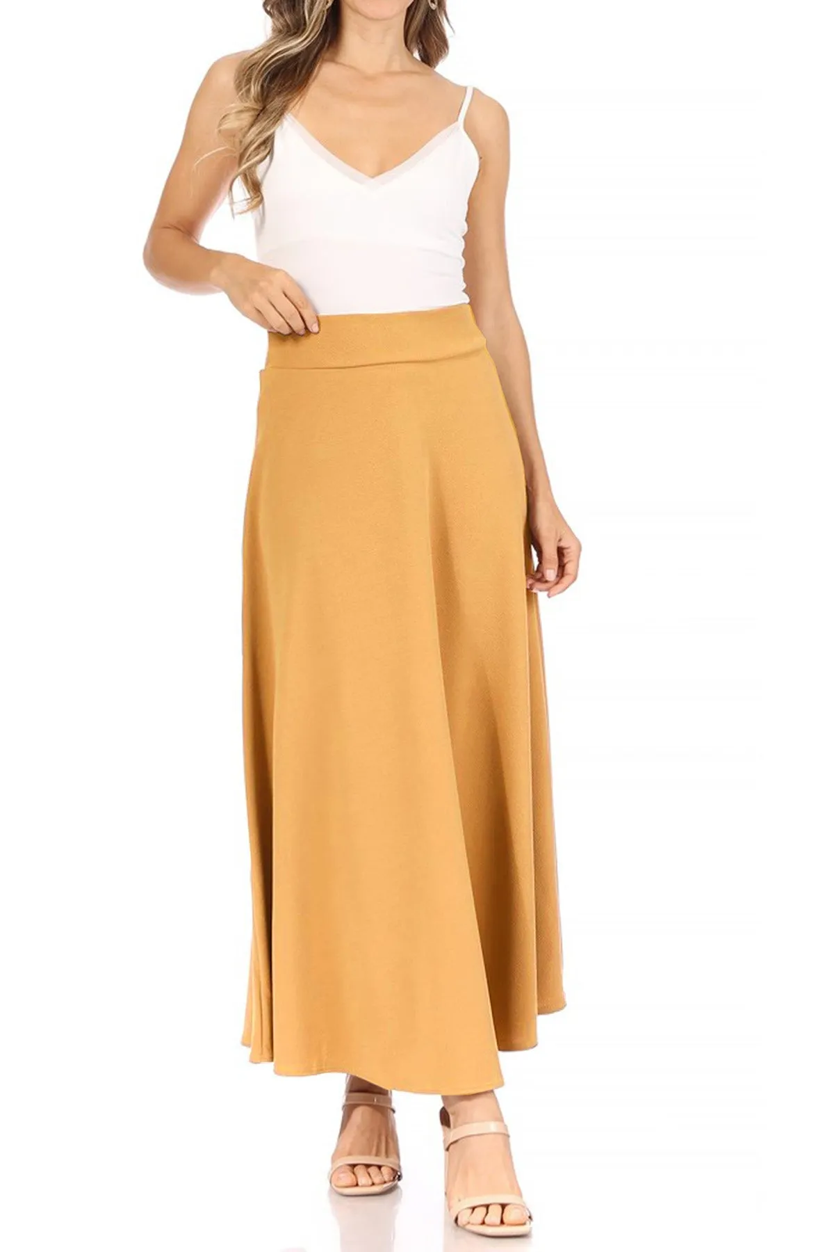 Women's Casual Solid Flare A-line Long Skirt with Elastic Waistband