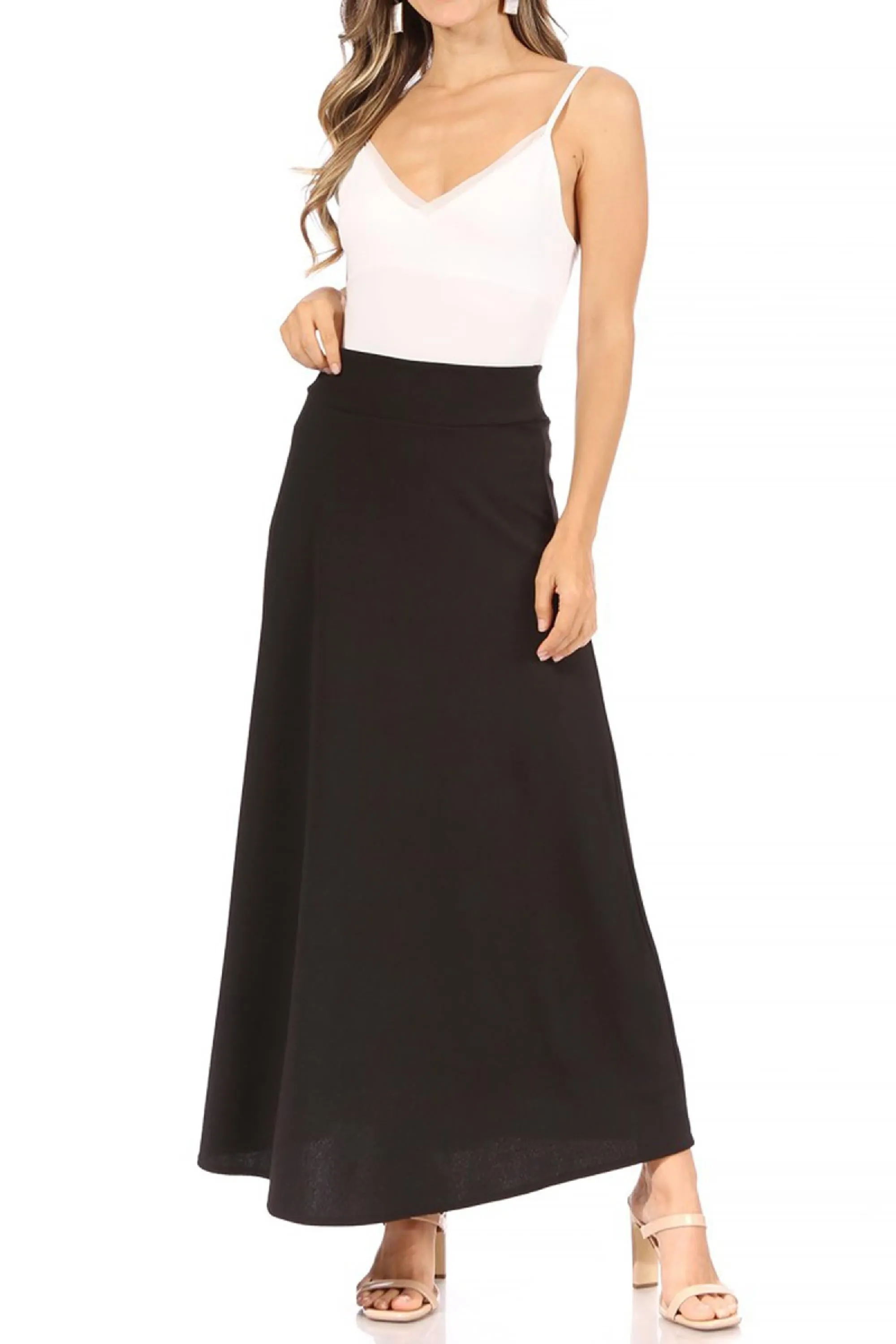 Women's Casual Solid Flare A-line Long Skirt with Elastic Waistband