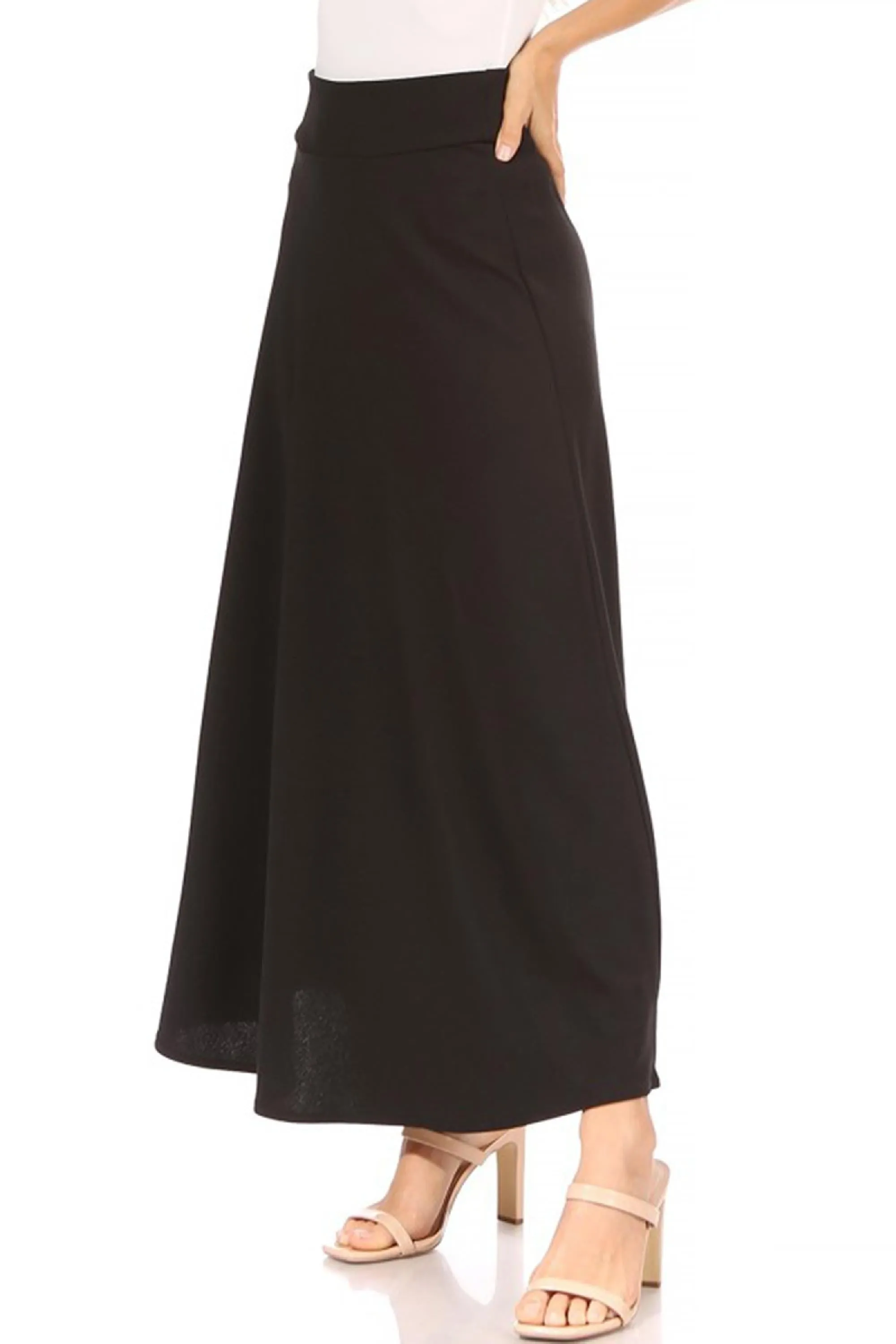 Women's Casual Solid Flare A-line Long Skirt with Elastic Waistband