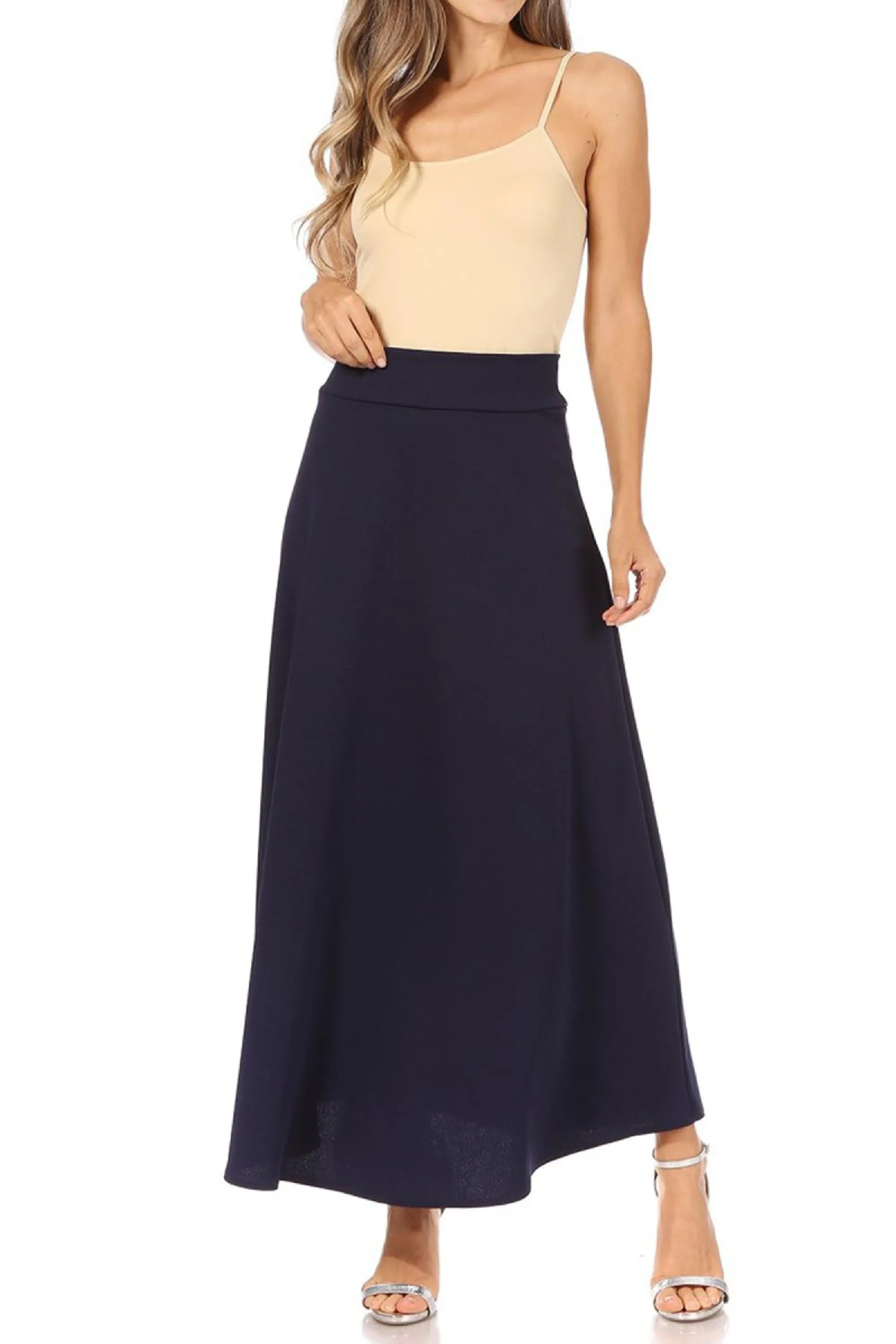 Women's Casual Solid Flare A-line Long Skirt with Elastic Waistband