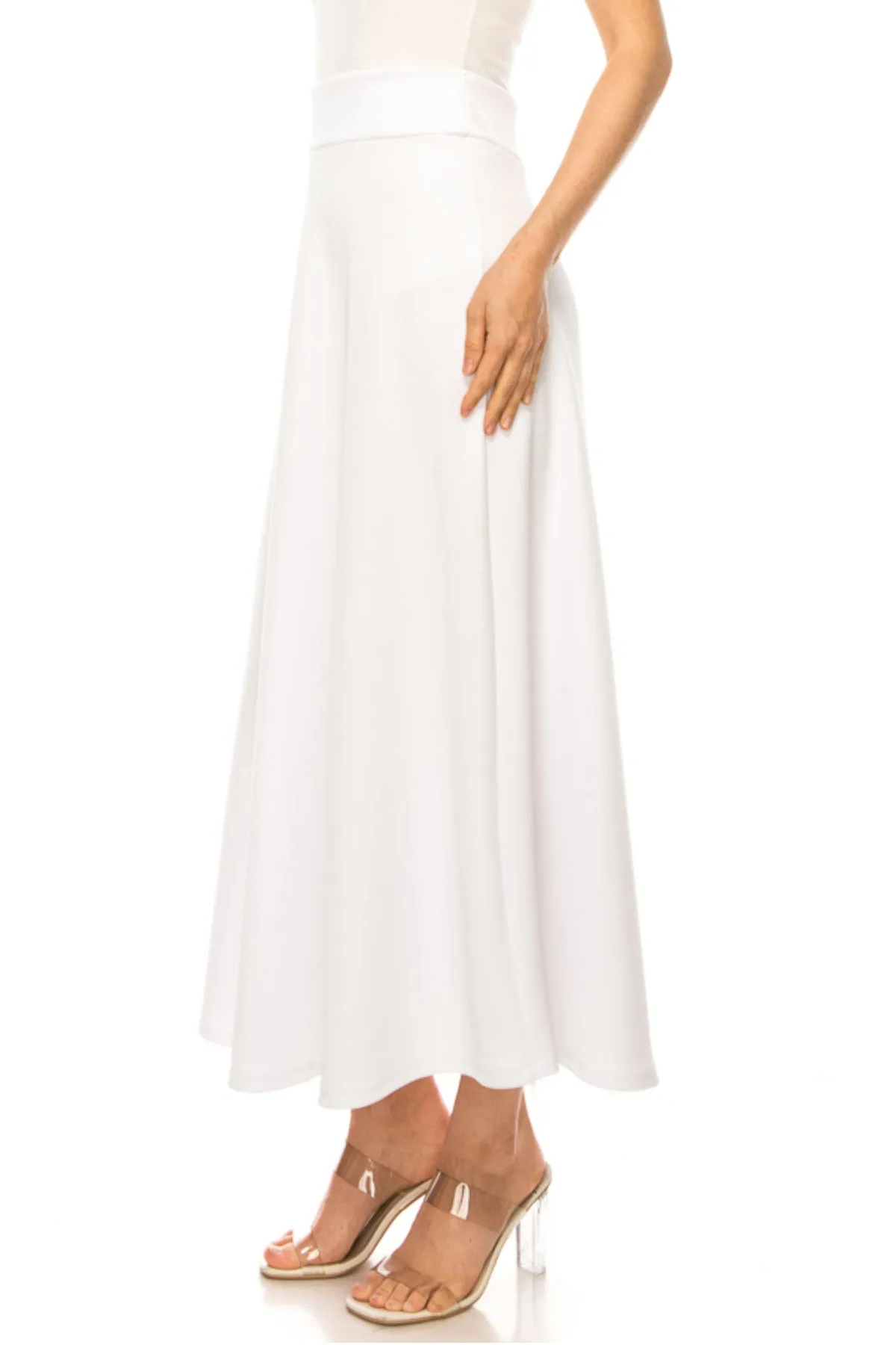 Women's Casual Solid Flare A-line Long Skirt with Elastic Waistband