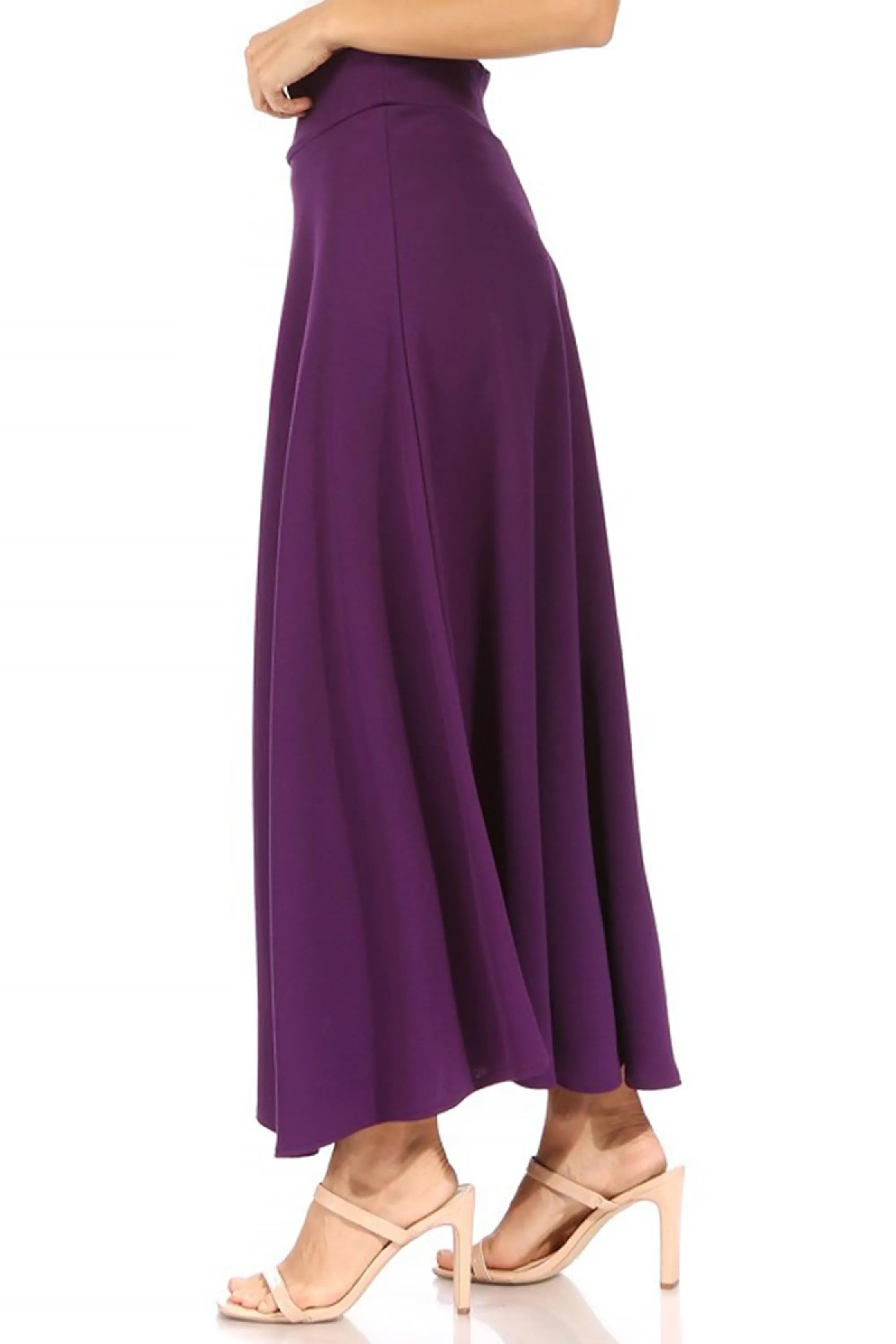 Women's Casual Solid Flare A-line Long Skirt with Elastic Waistband