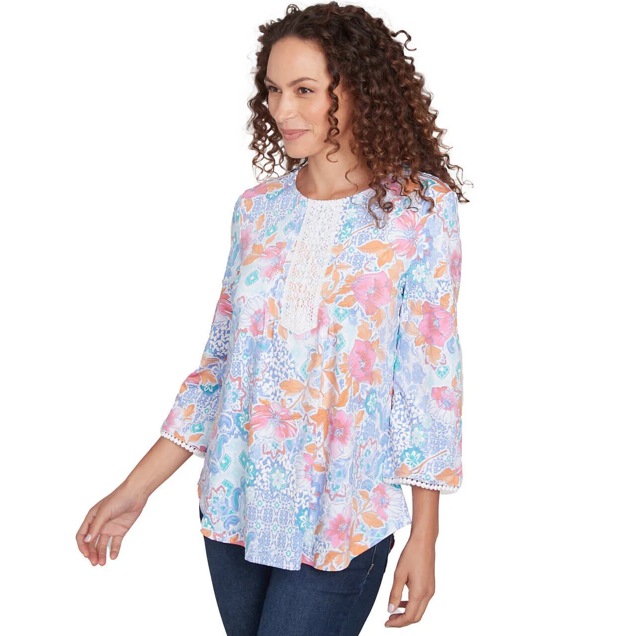 Women's Lace Scoop Neck Floral Puff Print Top - 43453