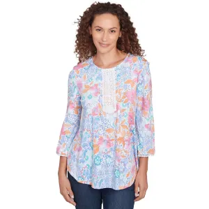 Women's Lace Scoop Neck Floral Puff Print Top - 43453