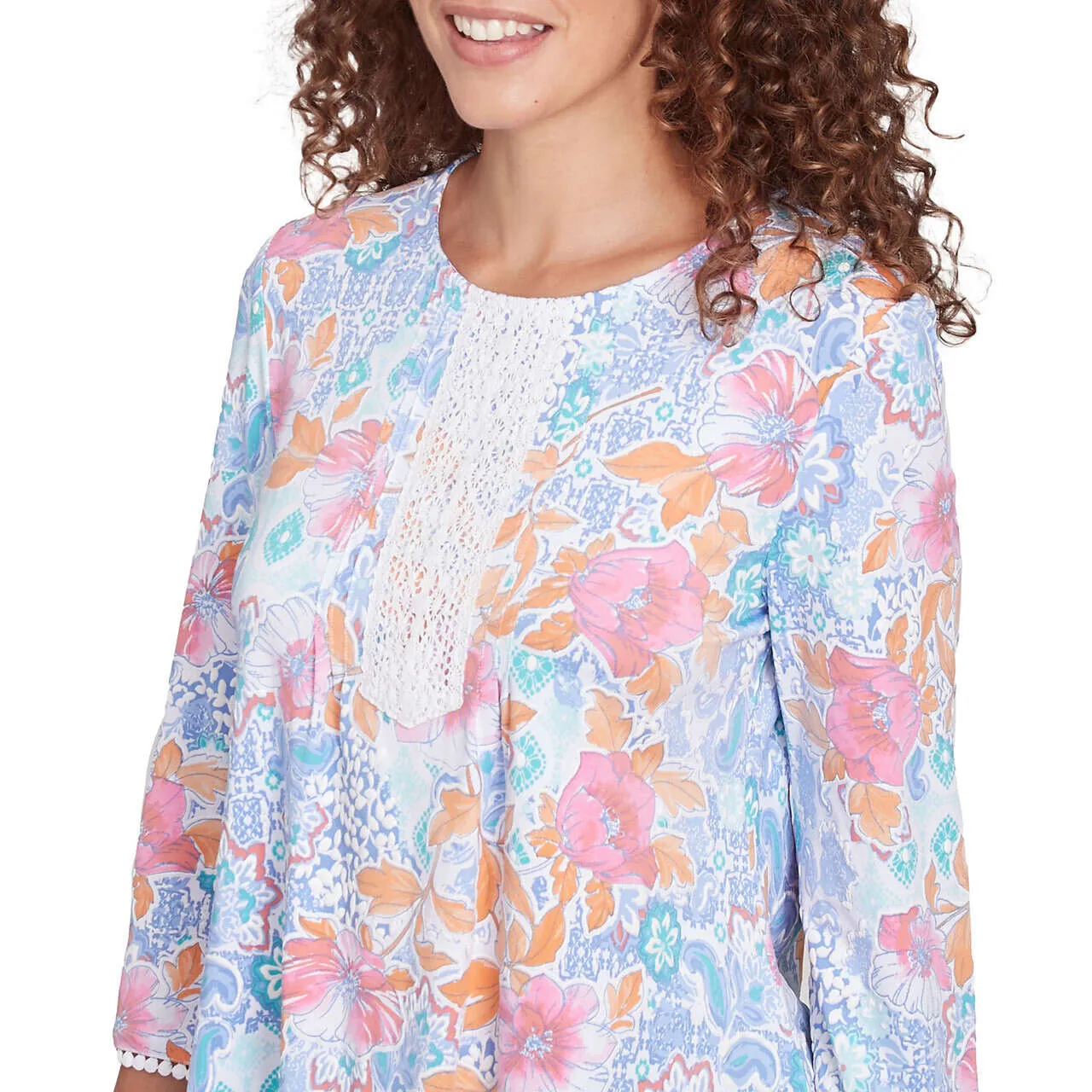 Women's Lace Scoop Neck Floral Puff Print Top - 43453