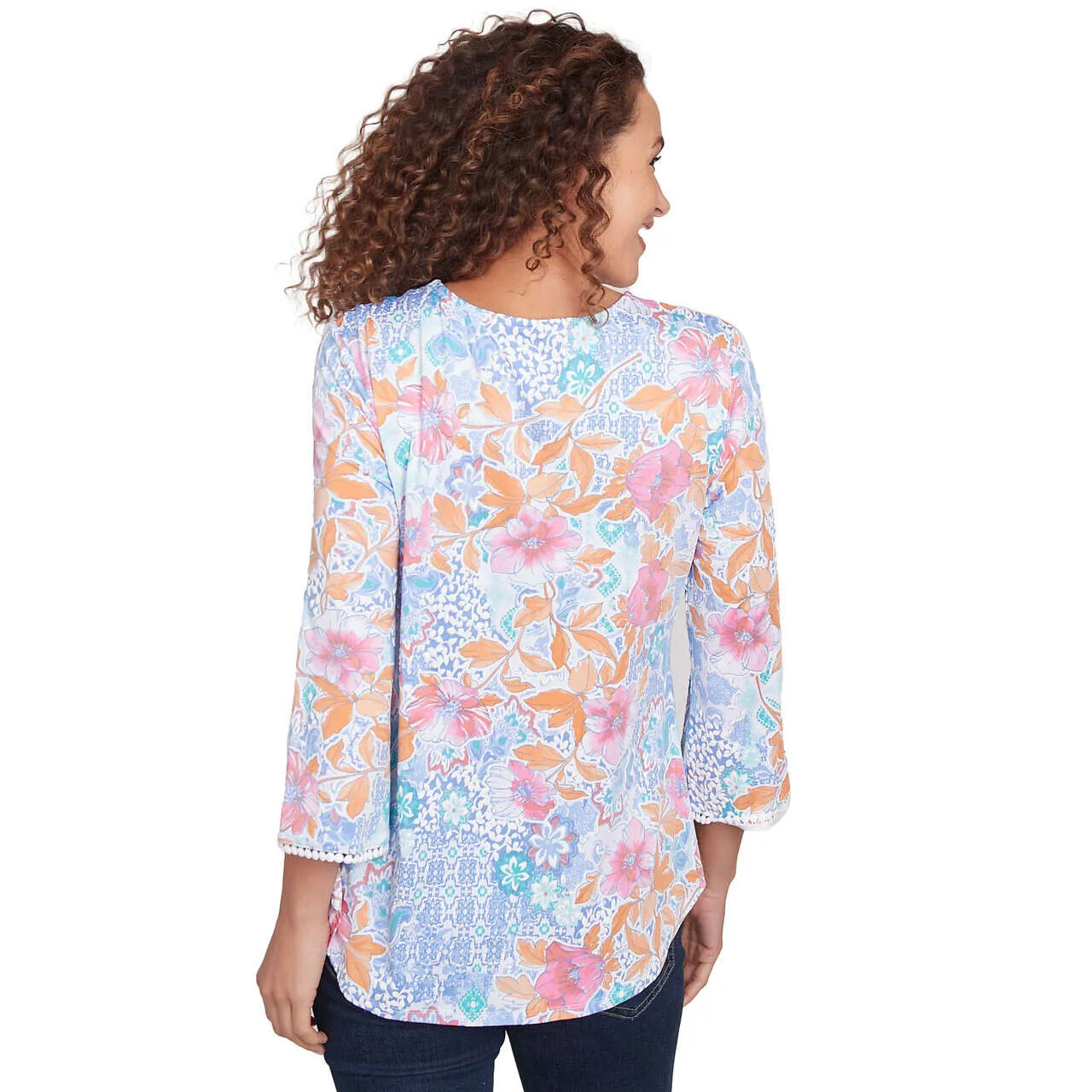 Women's Lace Scoop Neck Floral Puff Print Top - 43453