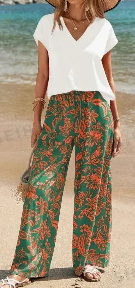 Women's Solid V-Neck Short Sleeve Top And Botanical Print Pants