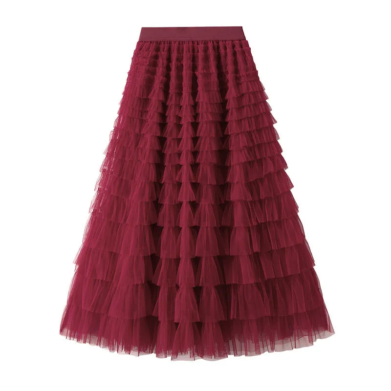 Women's Spring Autumn Pleated Long Mesh Skirt
