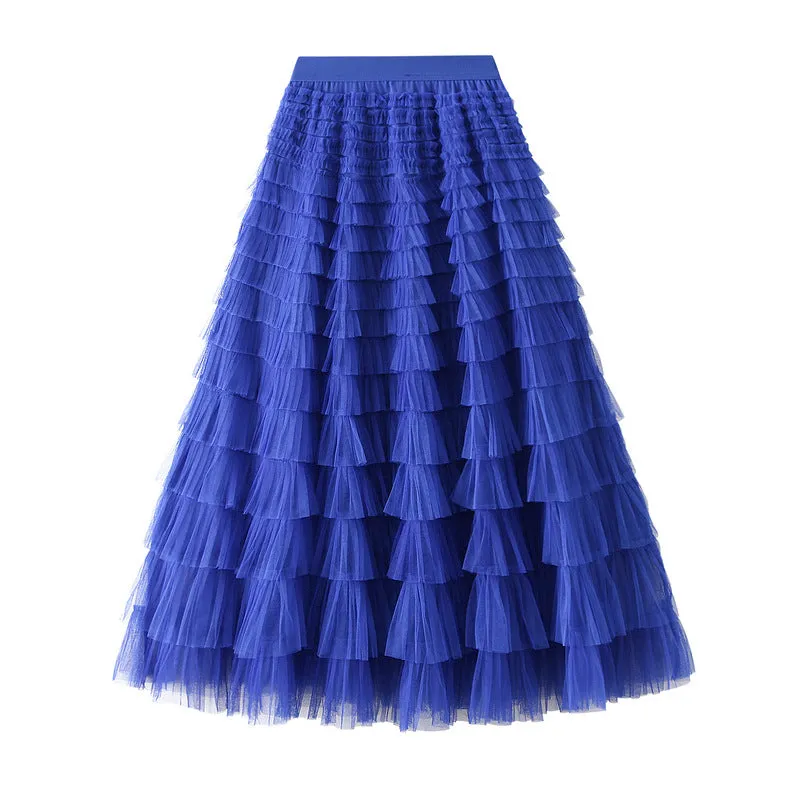 Women's Spring Autumn Pleated Long Mesh Skirt