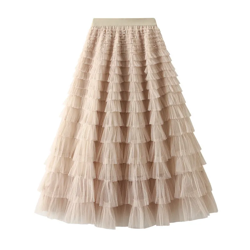 Women's Spring Autumn Pleated Long Mesh Skirt
