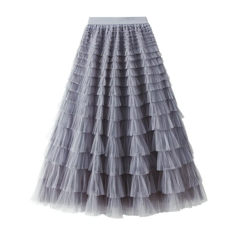 Women's Spring Autumn Pleated Long Mesh Skirt