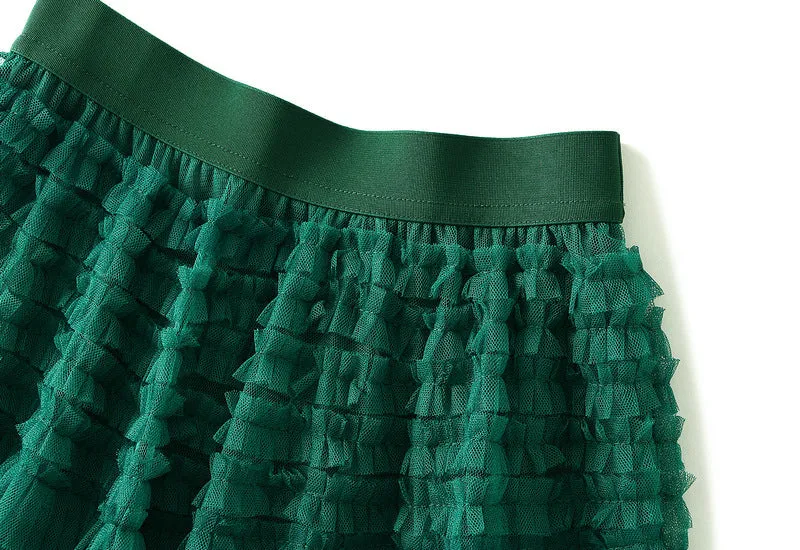 Women's Spring Autumn Pleated Long Mesh Skirt