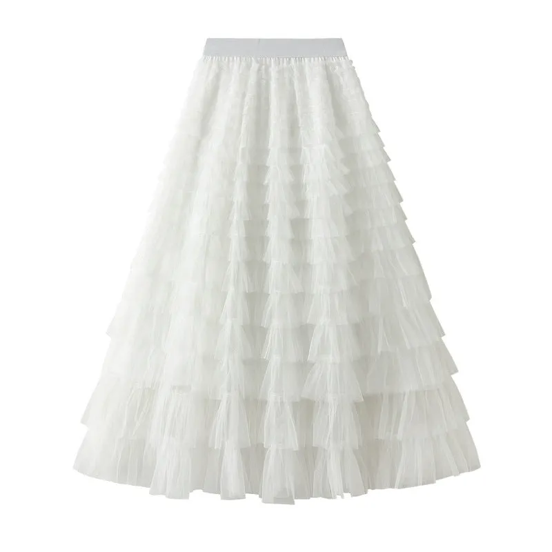 Women's Spring Autumn Pleated Long Mesh Skirt