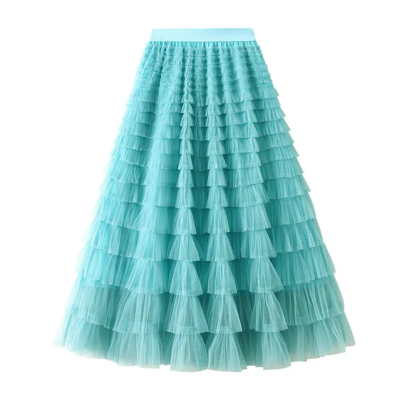 Women's Spring Autumn Pleated Long Mesh Skirt