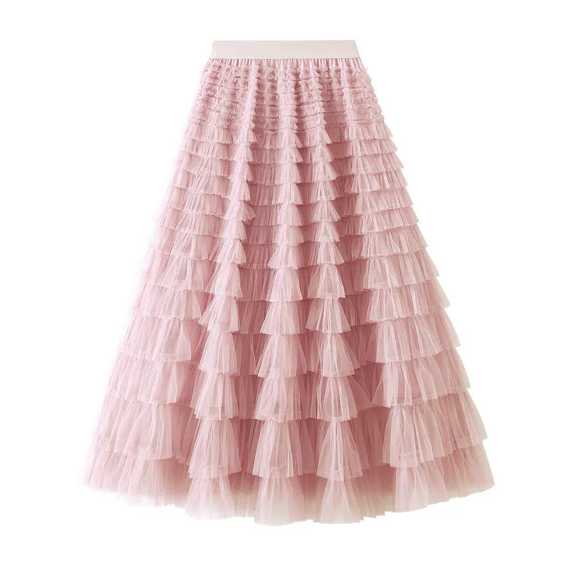 Women's Spring Autumn Pleated Long Mesh Skirt