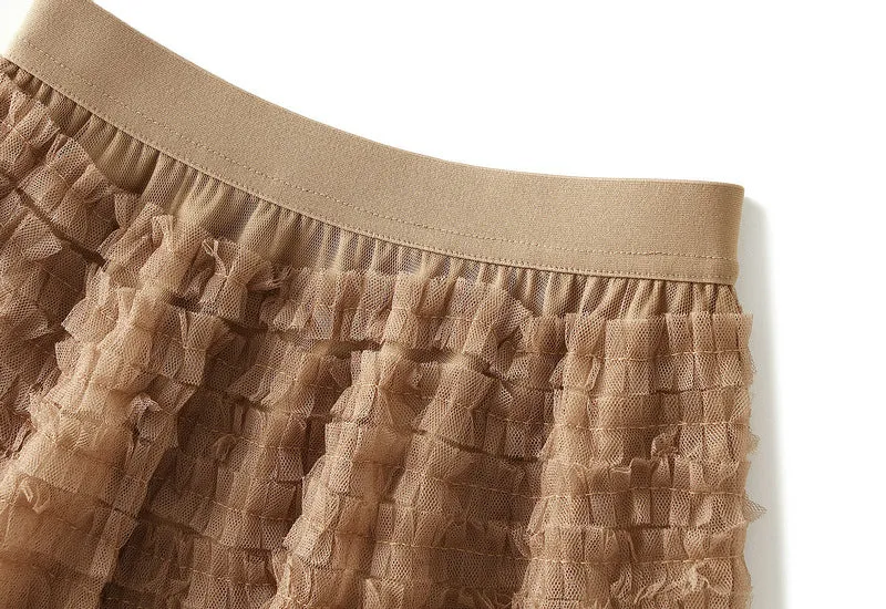 Women's Spring Autumn Pleated Long Mesh Skirt