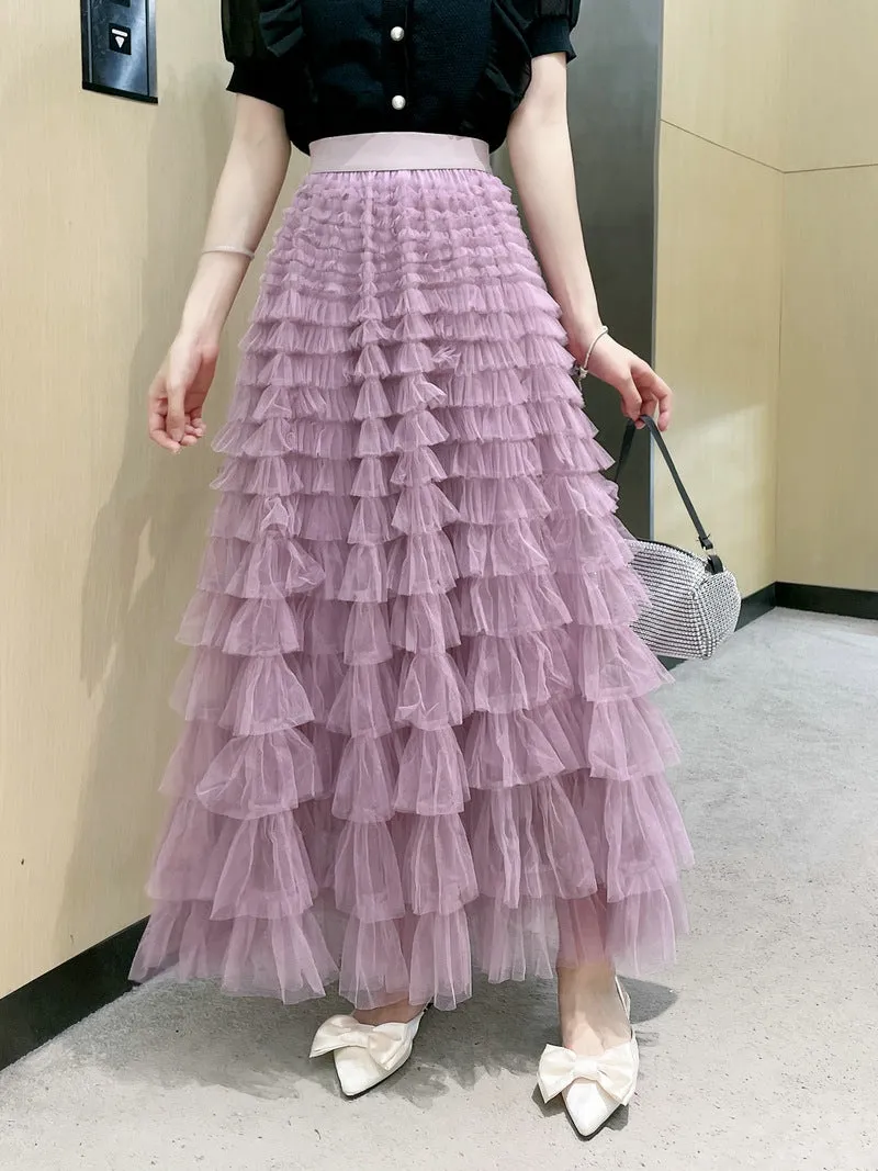 Women's Spring Autumn Pleated Long Mesh Skirt