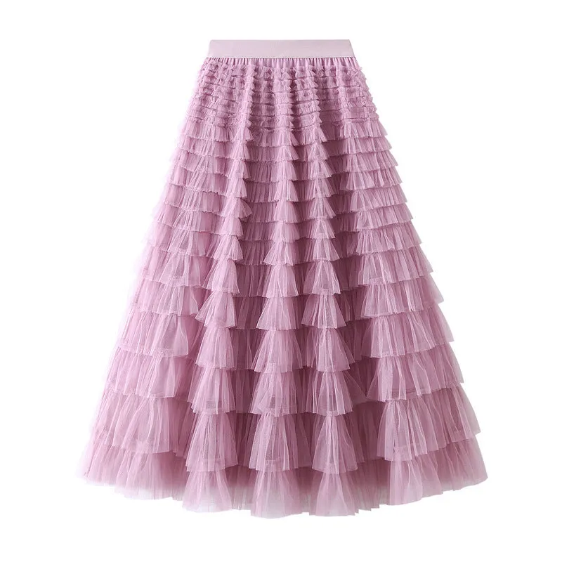 Women's Spring Autumn Pleated Long Mesh Skirt