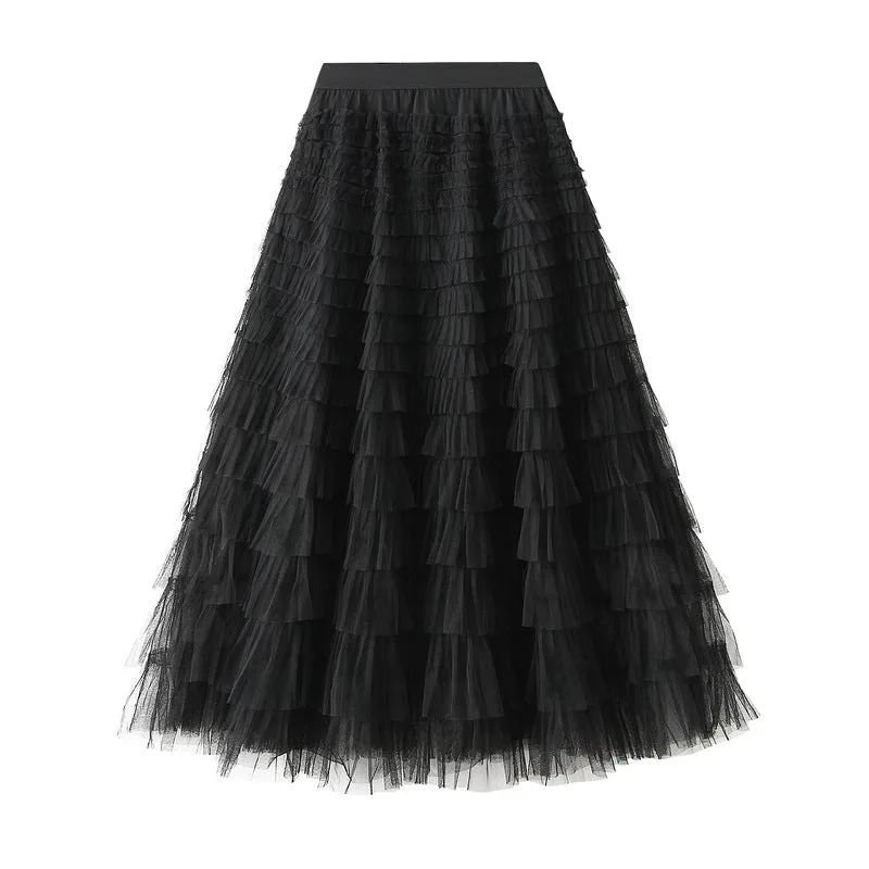 Women's Spring Autumn Pleated Long Mesh Skirt