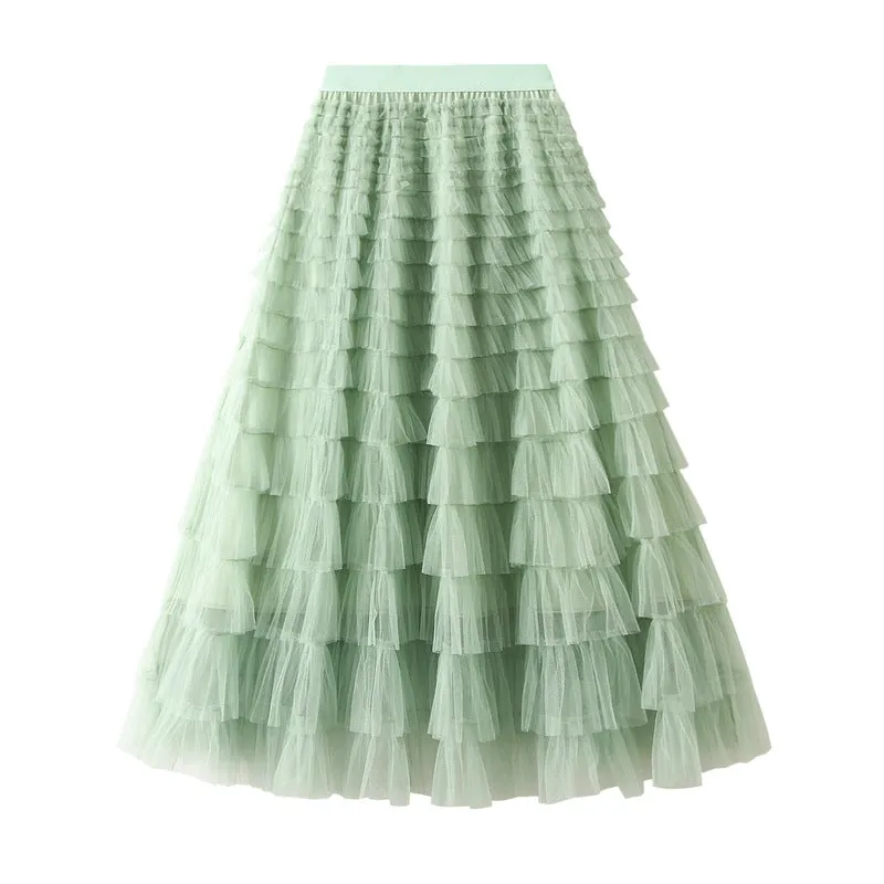 Women's Spring Autumn Pleated Long Mesh Skirt