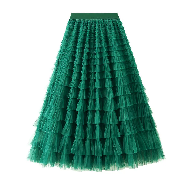 Women's Spring Autumn Pleated Long Mesh Skirt
