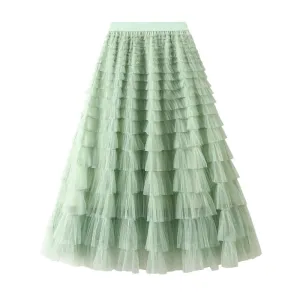 Women's Spring Autumn Pleated Long Mesh Skirt