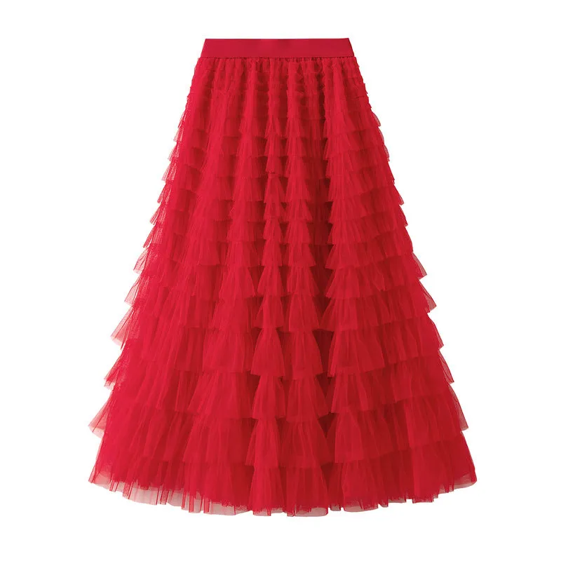 Women's Spring Autumn Pleated Long Mesh Skirt