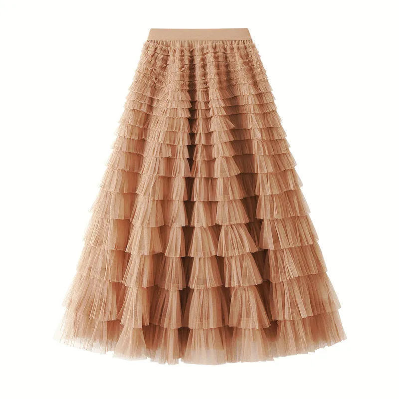 Women's Spring Autumn Pleated Long Mesh Skirt