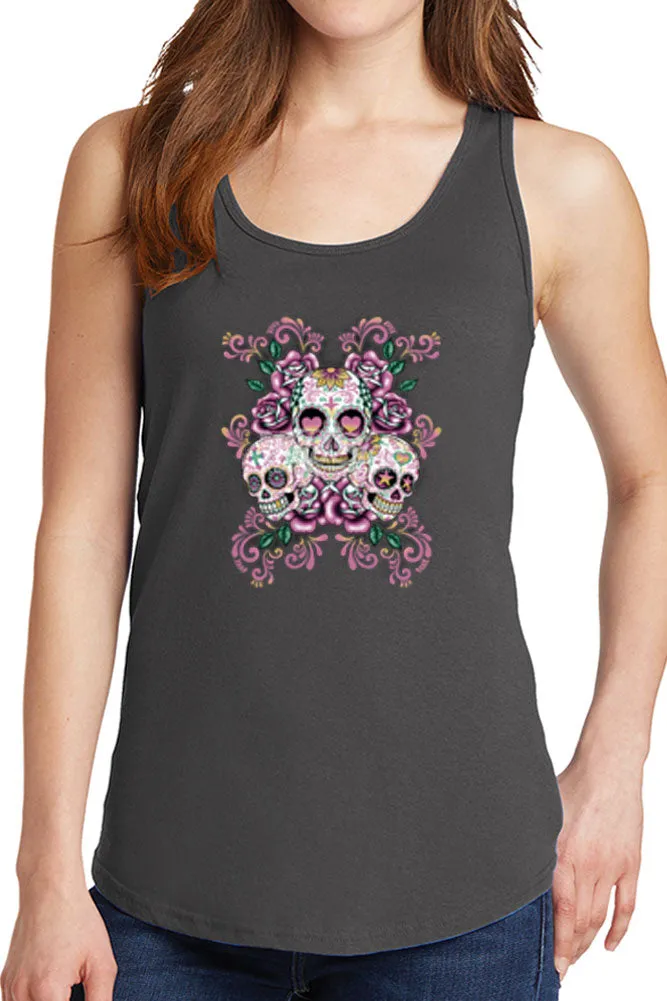 Women's Three Floral Sugar Skulls Core Cotton Tank Tops -XS~4XL