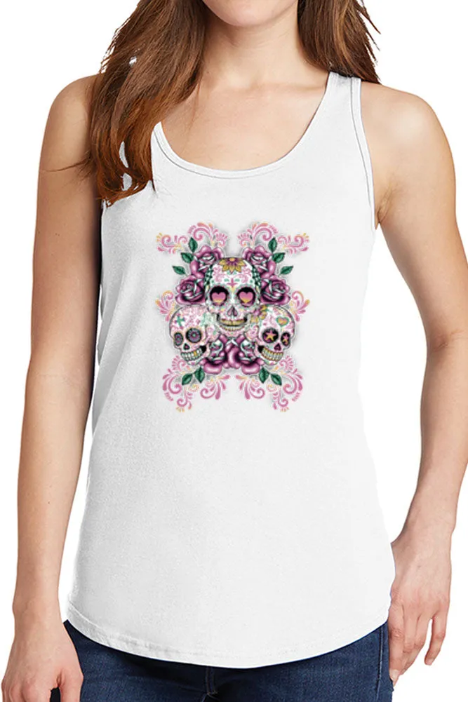 Women's Three Floral Sugar Skulls Core Cotton Tank Tops -XS~4XL