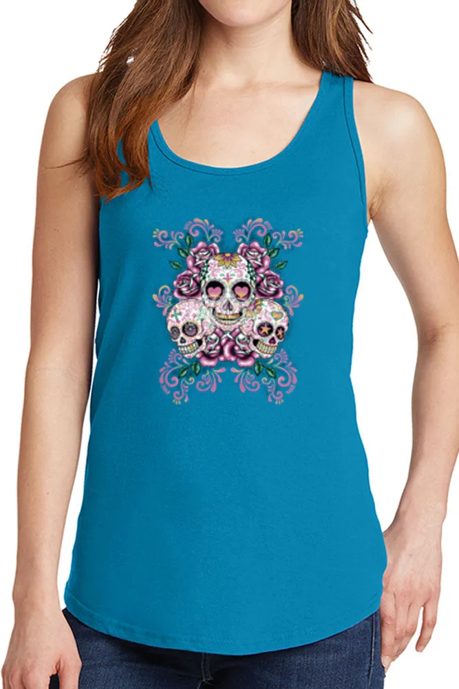 Women's Three Floral Sugar Skulls Core Cotton Tank Tops -XS~4XL