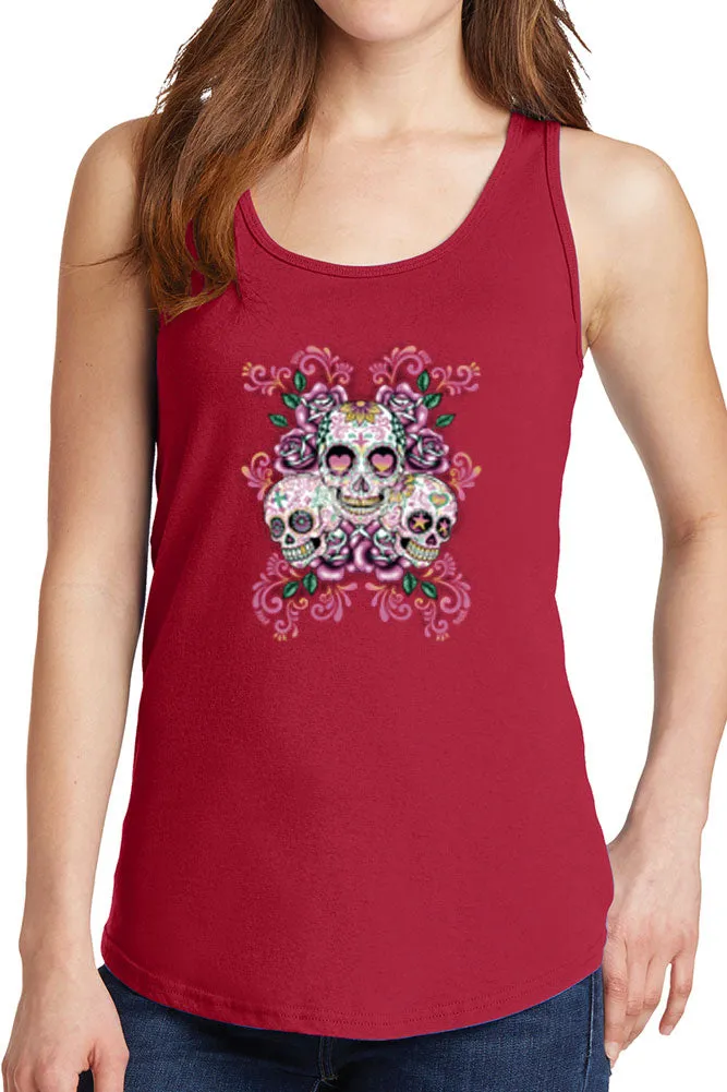Women's Three Floral Sugar Skulls Core Cotton Tank Tops -XS~4XL