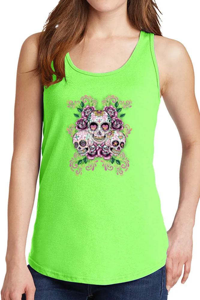 Women's Three Floral Sugar Skulls Core Cotton Tank Tops -XS~4XL