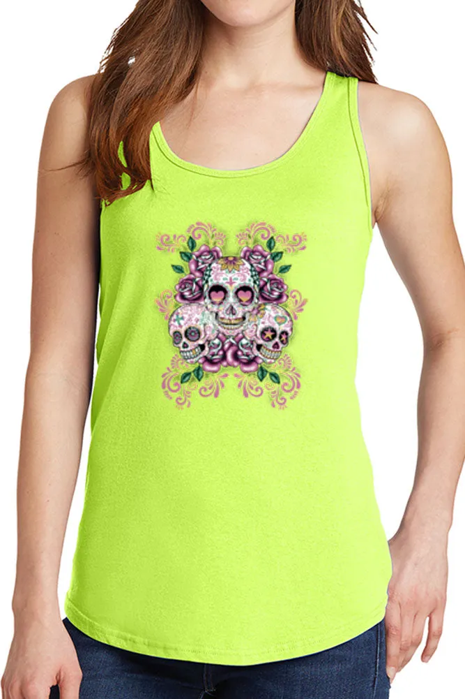 Women's Three Floral Sugar Skulls Core Cotton Tank Tops -XS~4XL