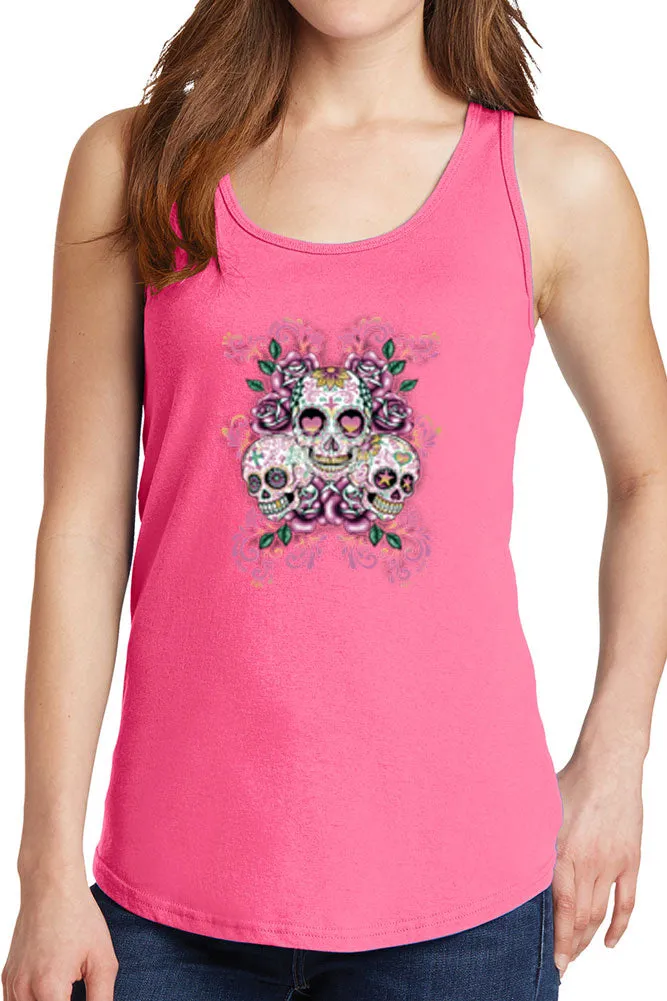 Women's Three Floral Sugar Skulls Core Cotton Tank Tops -XS~4XL