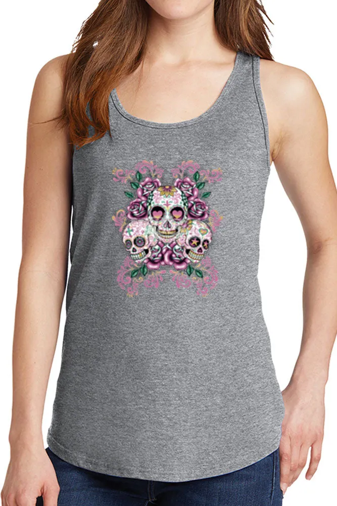 Women's Three Floral Sugar Skulls Core Cotton Tank Tops -XS~4XL