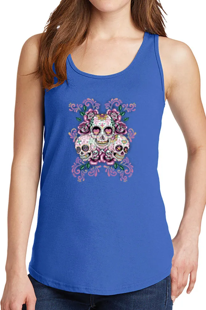 Women's Three Floral Sugar Skulls Core Cotton Tank Tops -XS~4XL