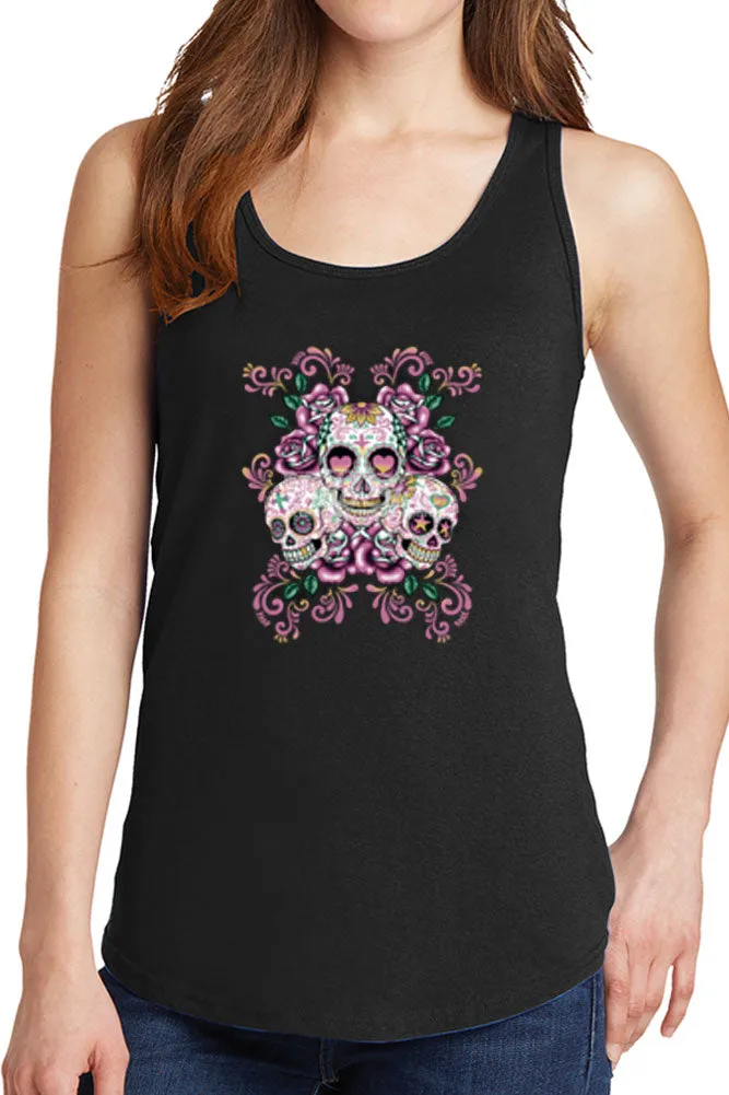 Women's Three Floral Sugar Skulls Core Cotton Tank Tops -XS~4XL