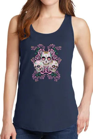 Women's Three Floral Sugar Skulls Core Cotton Tank Tops -XS~4XL