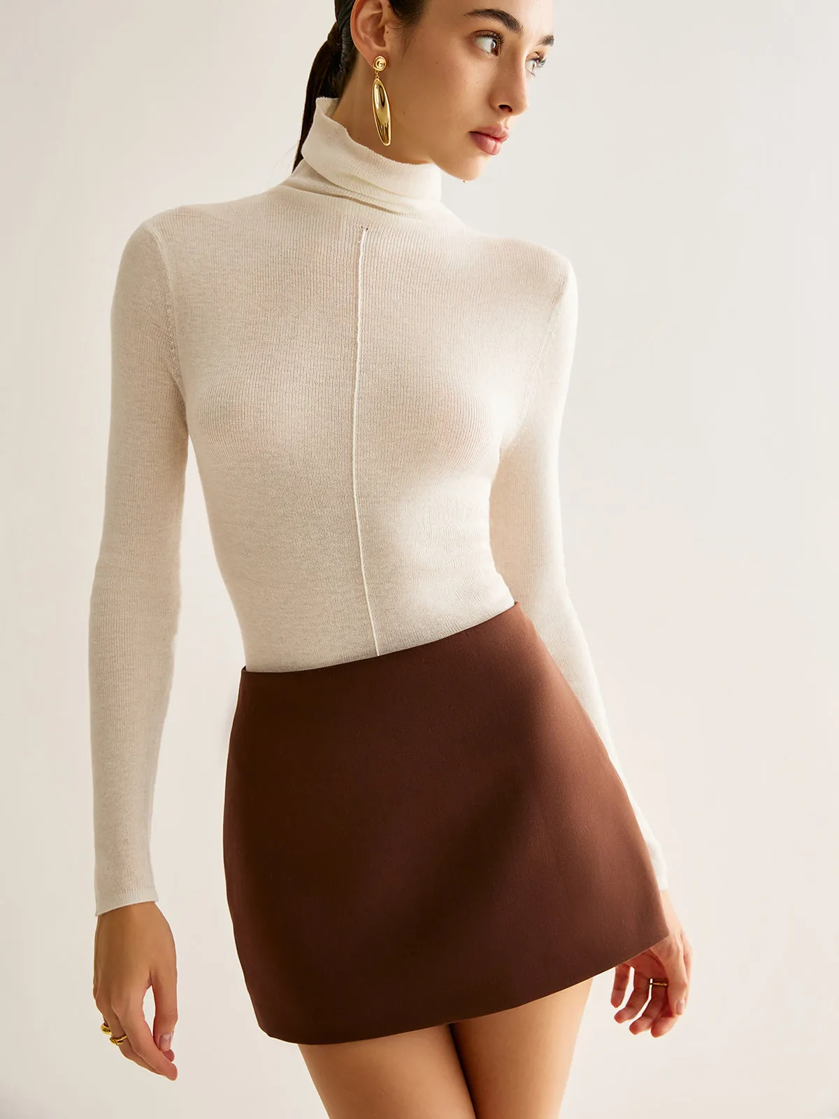 Wool-Blend Turtleneck Piping Sweater